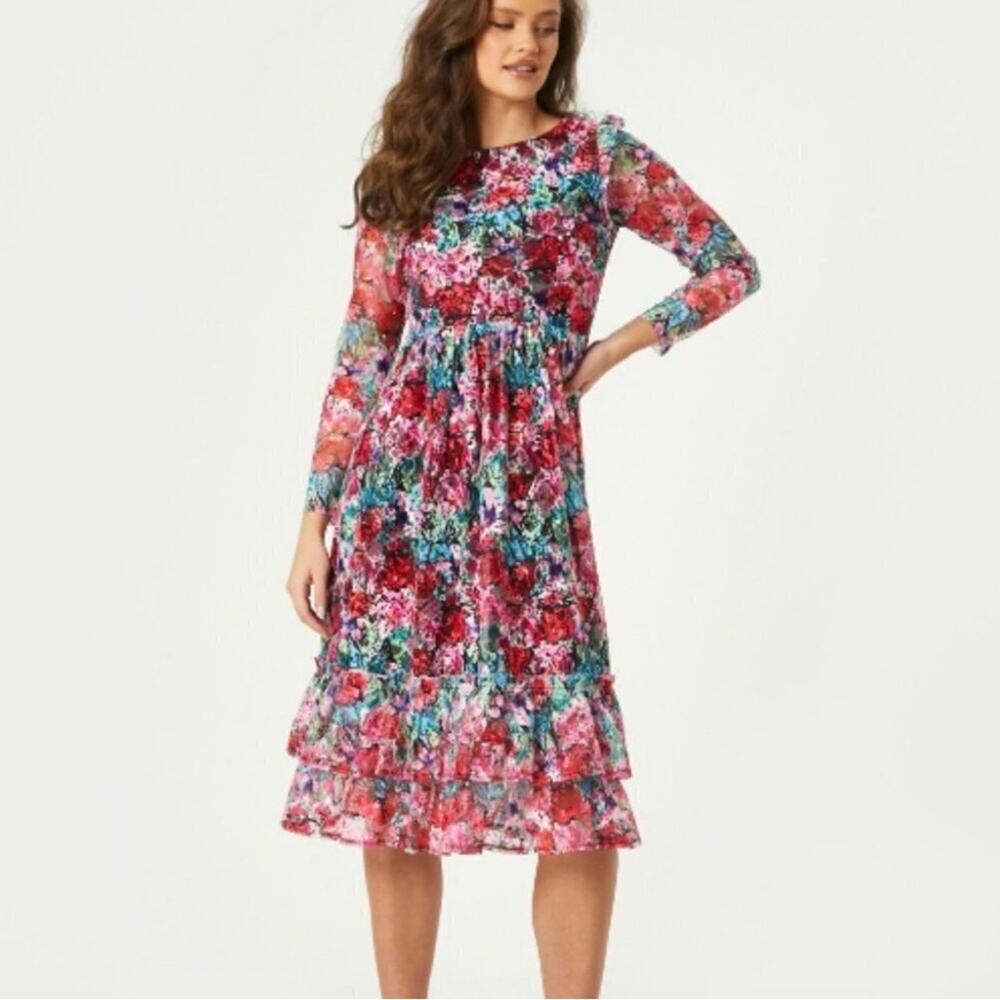 Little Mistress London Alora Lace Floral Ruffle Midi Dress - Multicolor - 12